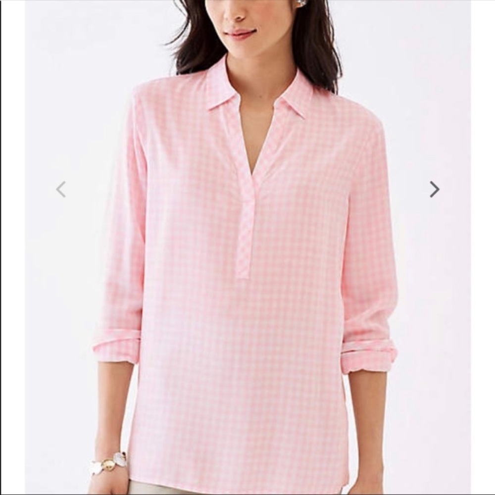 J Jill Pink Gingham Popover Rayon Blouse w Notch Neckline w MEASUREMENTS!